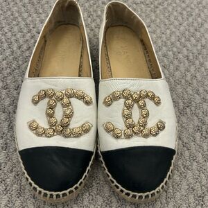 AUTHENTIC Chanel Leather White and Black Espadrilles, Size 38